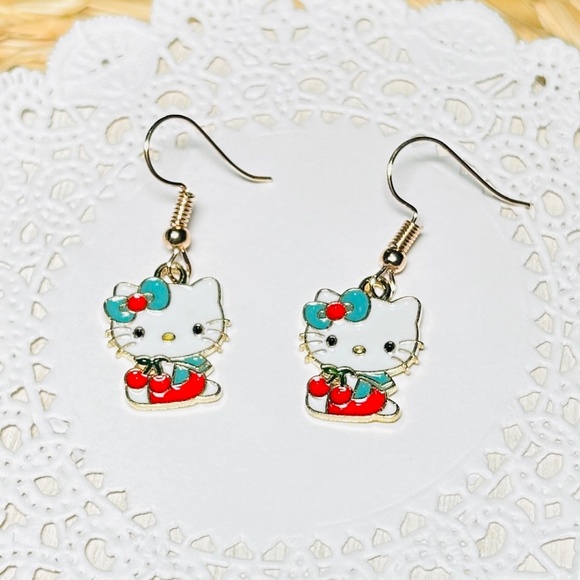 Hello Kitty with Cherries, Enameled Gold Tone Drop Dangle Earrings. - Picture 2 of 6